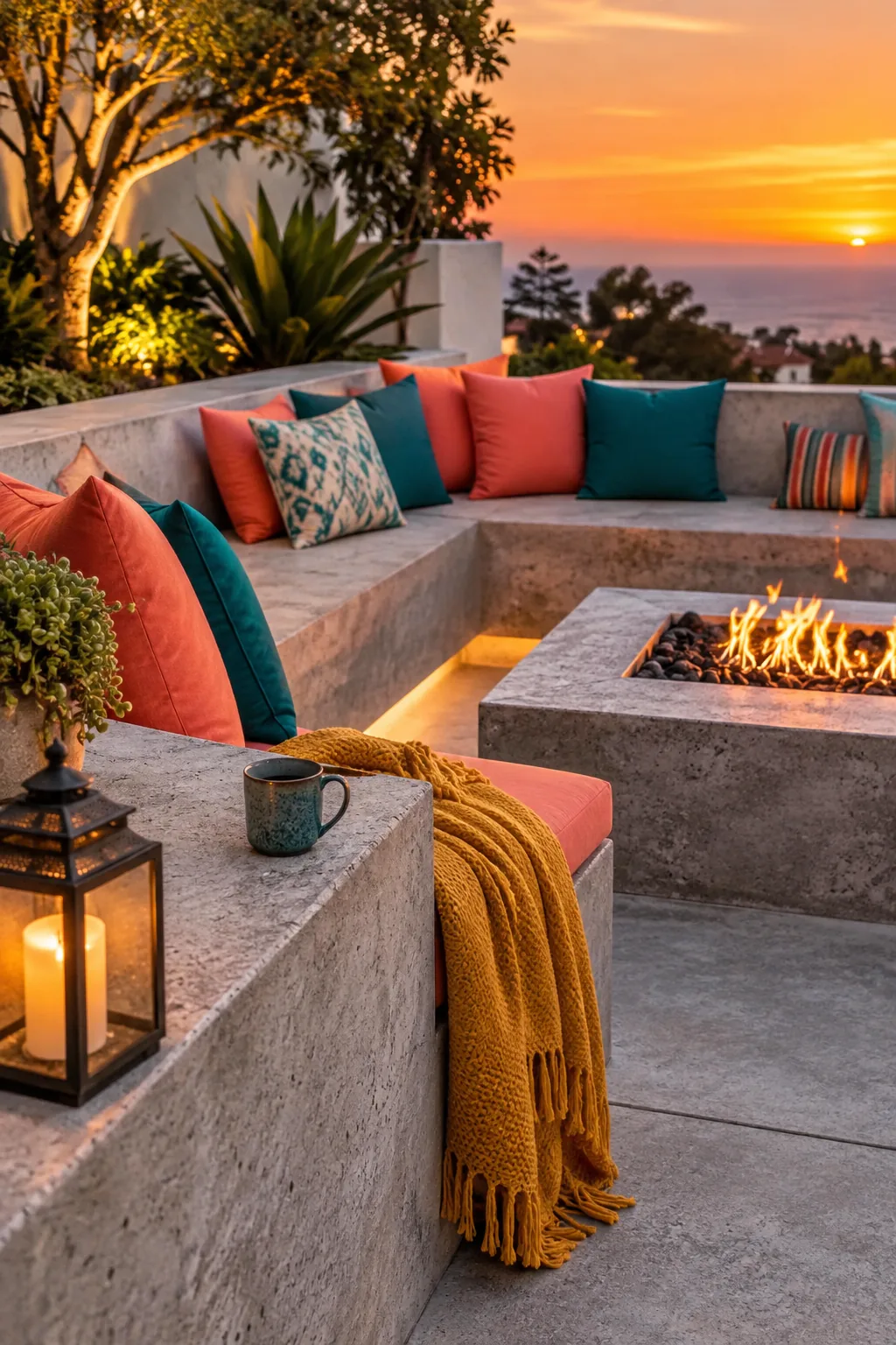 A sunken concrete fire pit seating area with weatherproof cushions