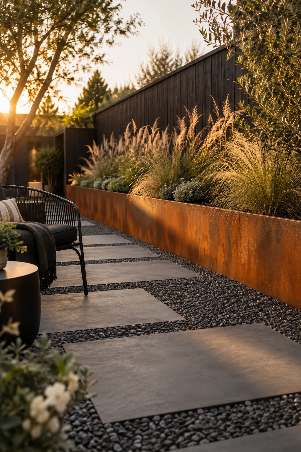 A long corten steel planter filled with grasses against a black wooden fence