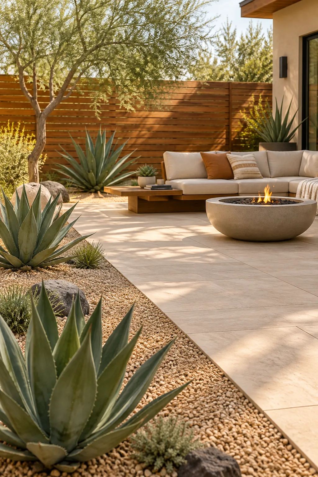 A desert modern patio with limestone pavers, agave plants, and a cedar fence.