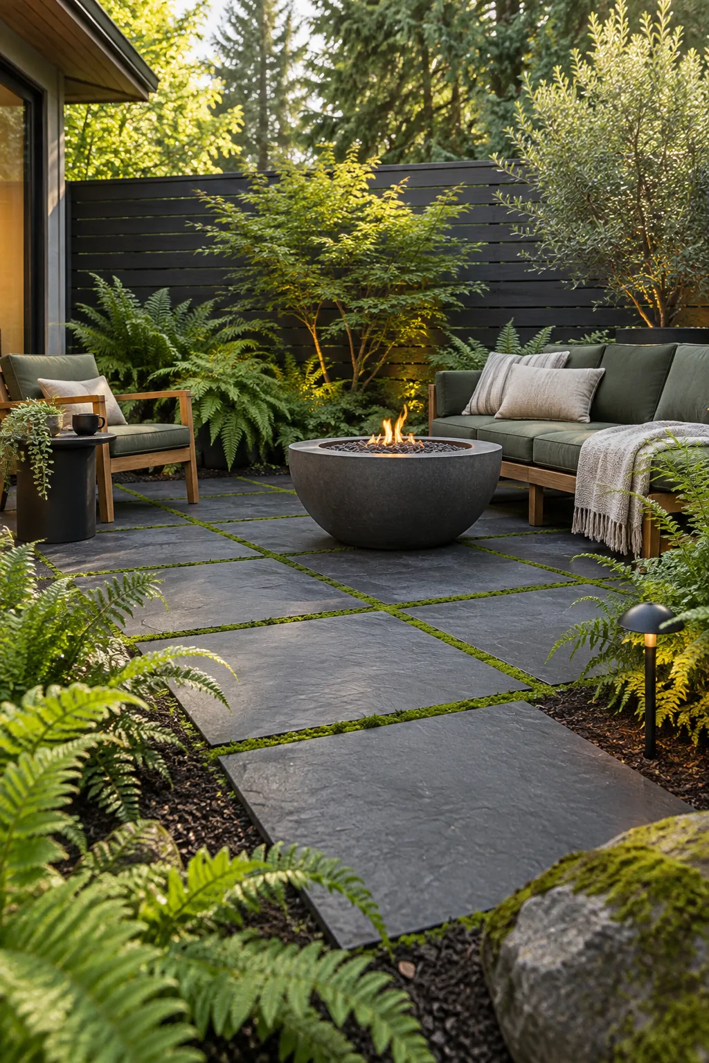 A Pacific Northwest patio with dark basalt pavers, moss joints, and lush ferns.