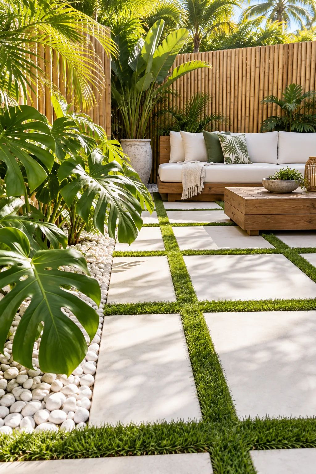 A tropical patio with white pavers, turf joints, monstera plants, and bamboo fencing.