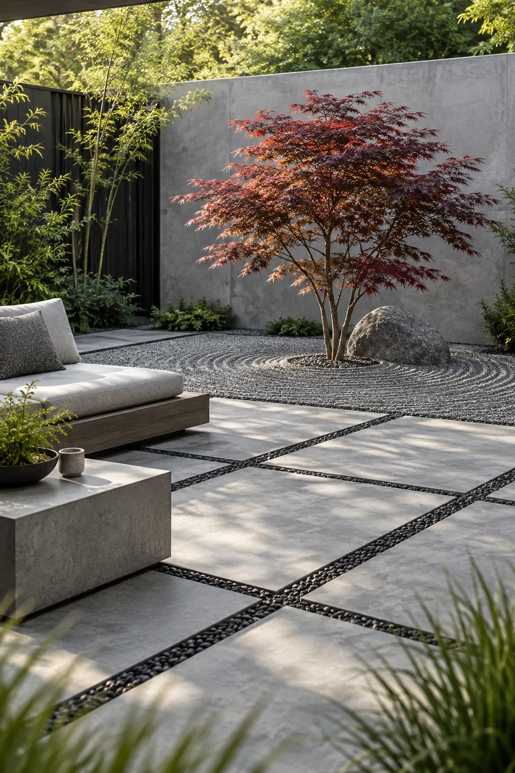 A minimalist zen patio with porcelain pavers, black gravel joints, and a Japanese maple.