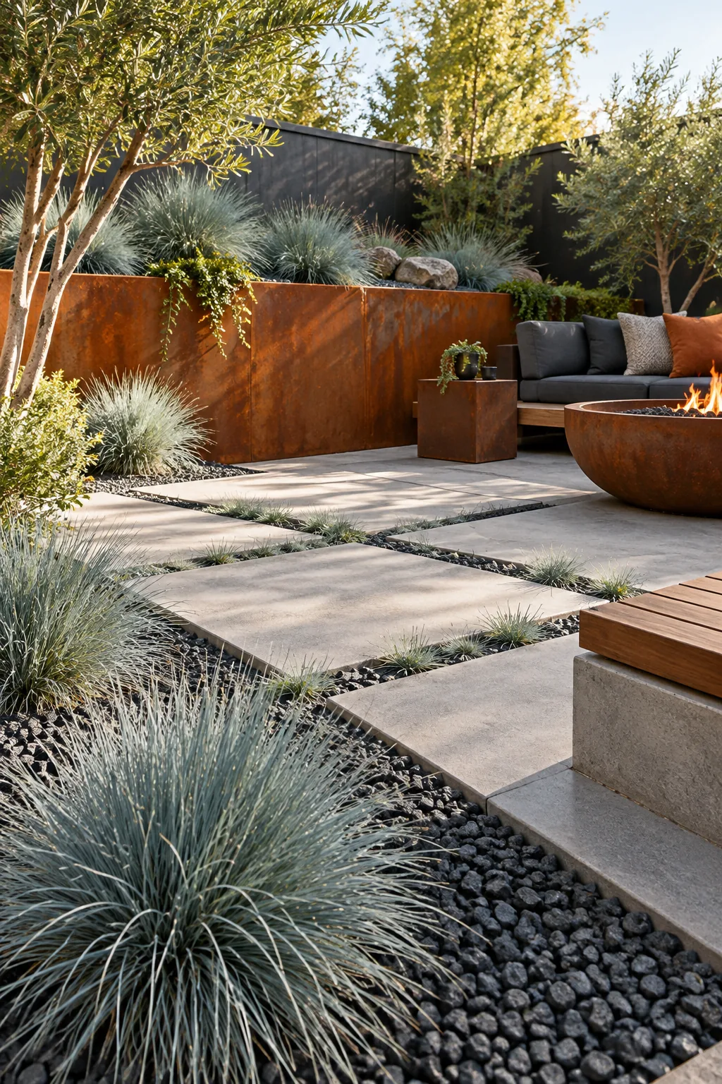 An urban industrial patio with concrete pavers, blue fescue, and a corten steel wall.