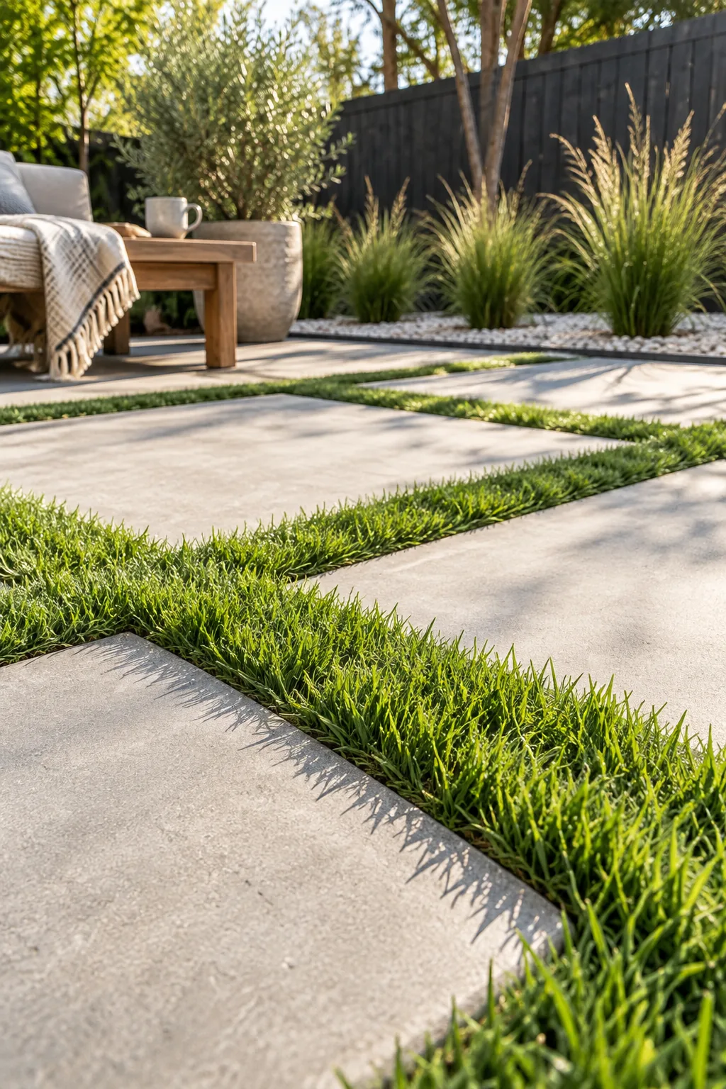 Close-up of thick green grass growing in 4-inch gaps between smooth square concrete patio pavers.