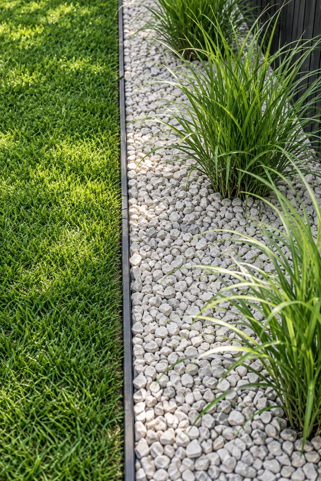 A thin dark steel landscape edge separating a green grass lawn from a bed of pale crushed gravel.
