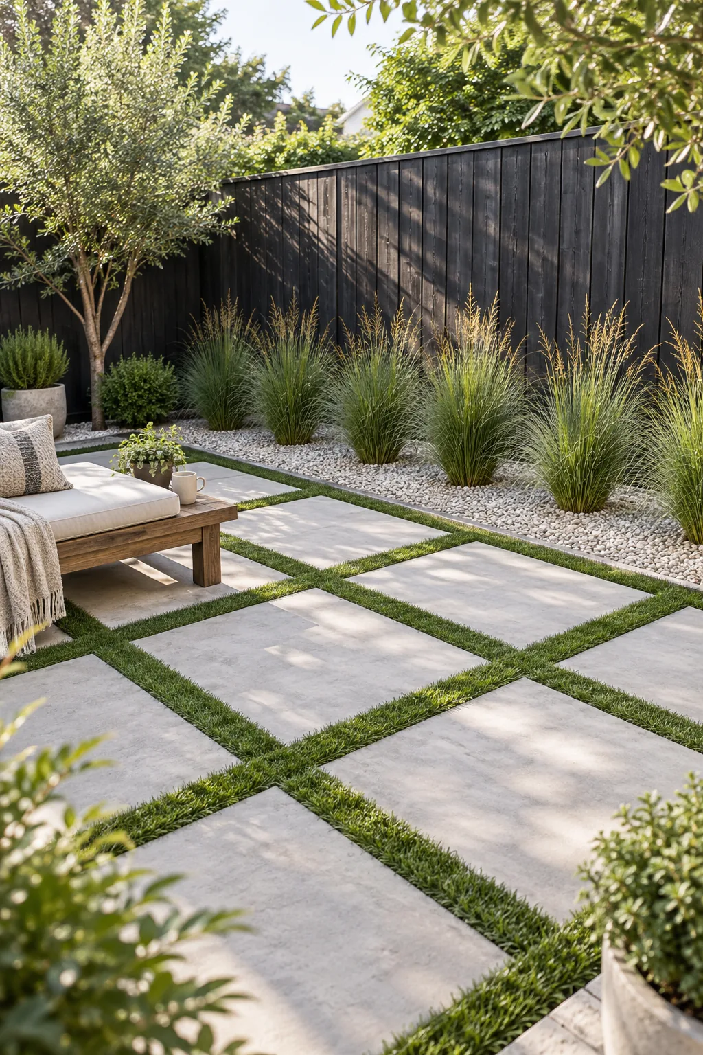 The base of a green ornamental grass plant surrounded by small, pale angular crushed gravel.