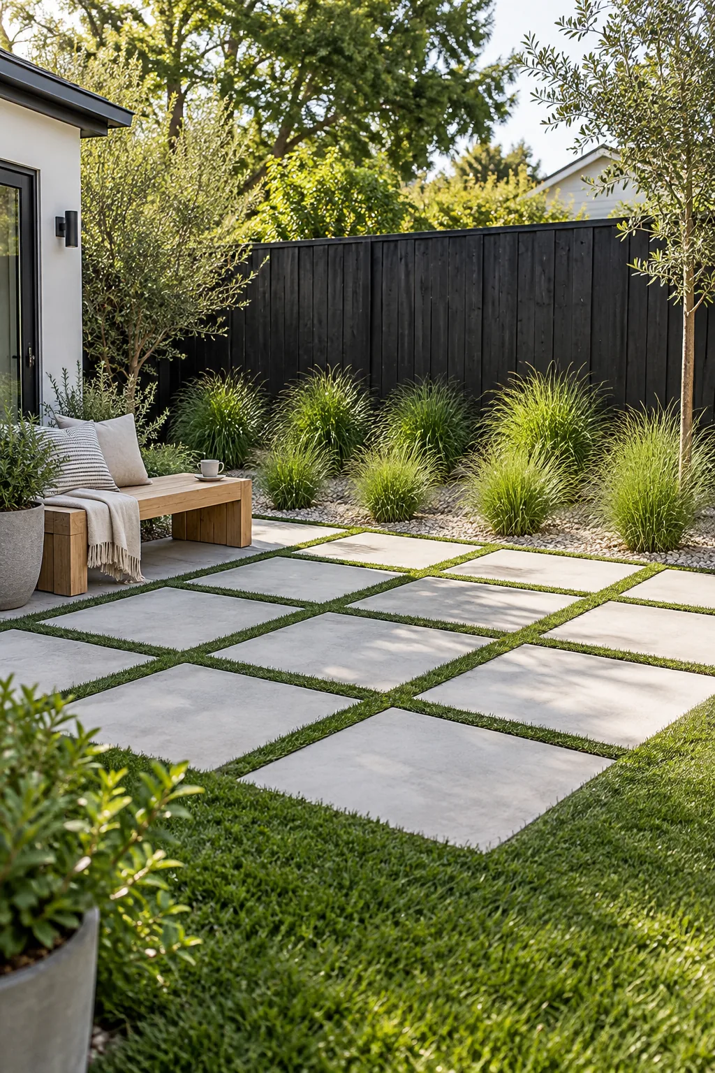 A tall wooden board fence finished in black stain behind bright green ornamental grasses.