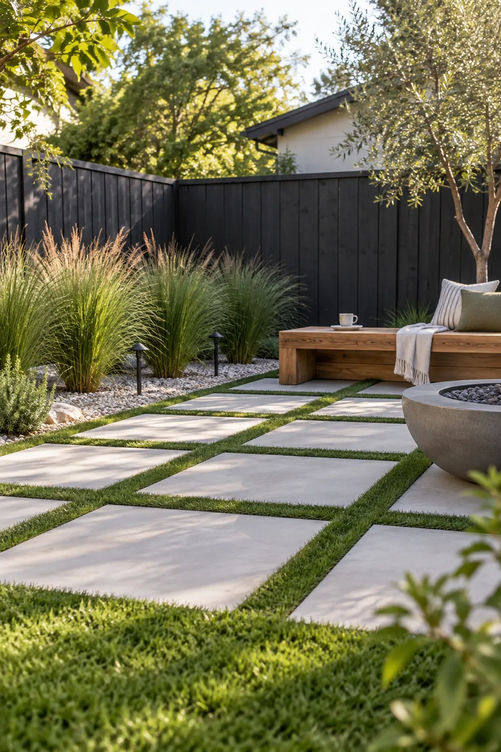 A complete view of a small modern backyard patio with grass-jointed pavers, a wood bench, and a black fence.