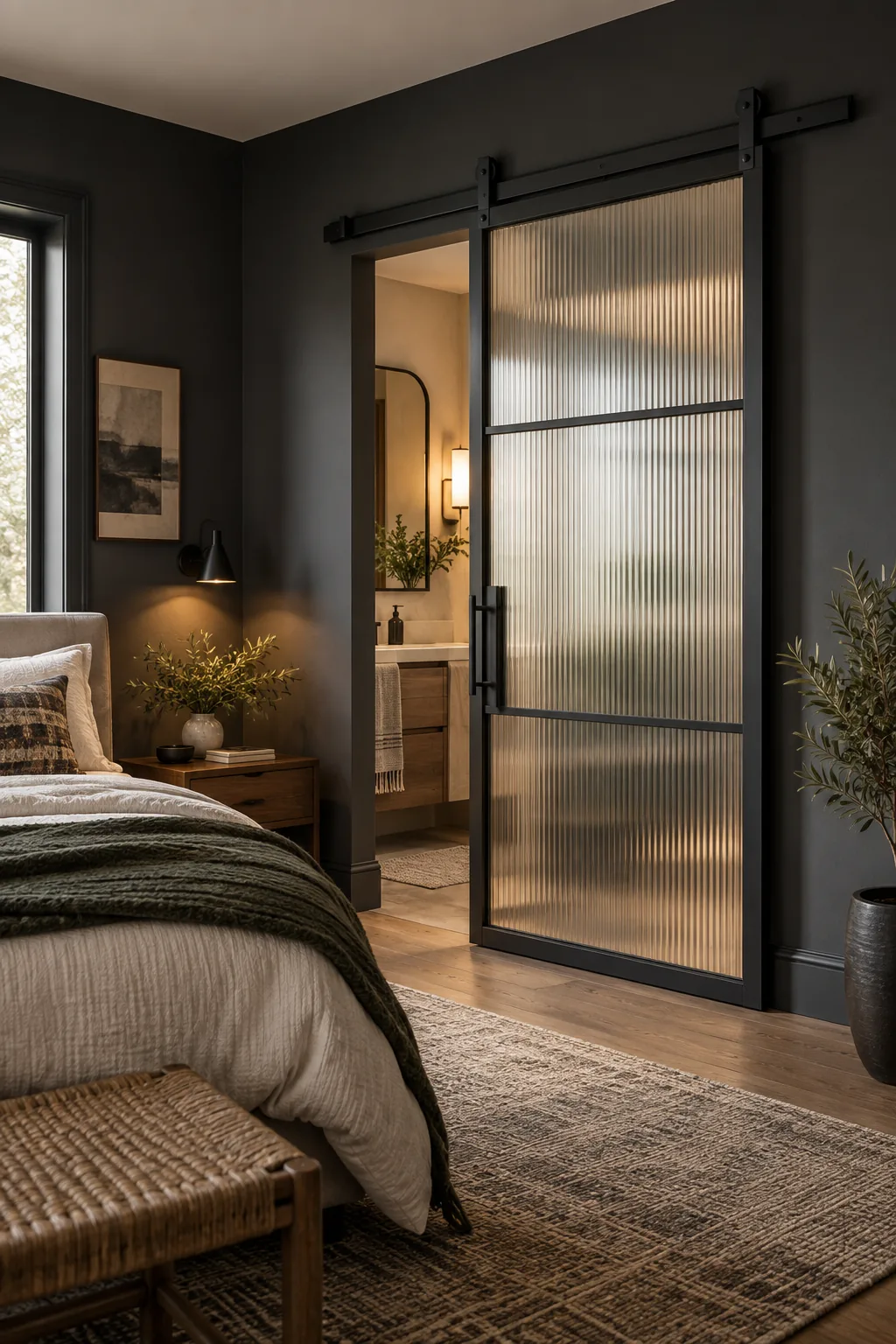 Reeded glass barn door with a black metal frame in a charcoal bedroom.