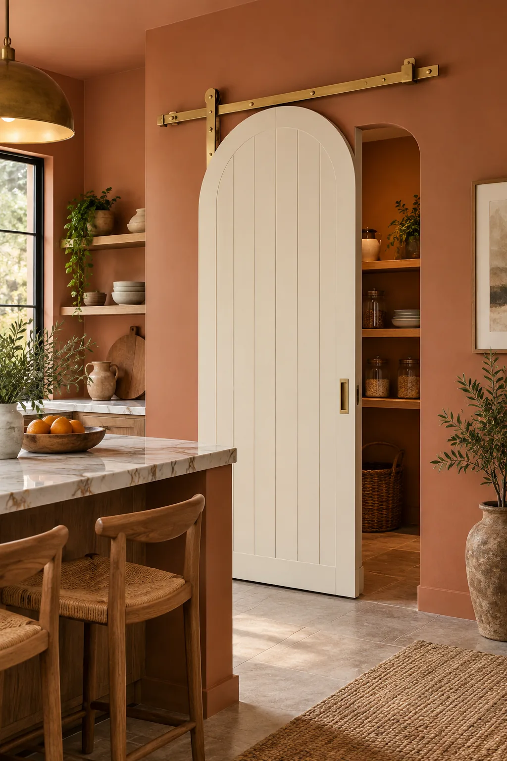 Arched cream painted barn door on brass hardware in a terracotta kitchen.