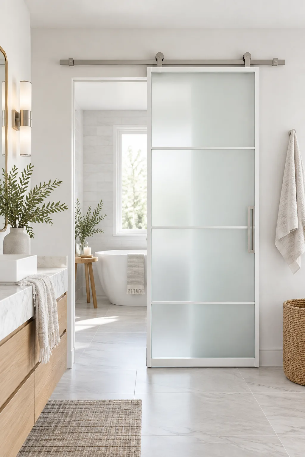 Frosted glass and white metal barn door on a silver track in a white bathroom.