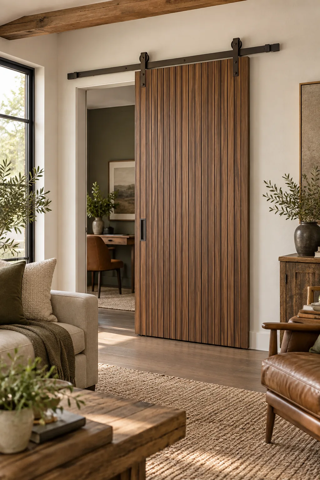 Vertical slat walnut barn door on bronze hardware in a living room.