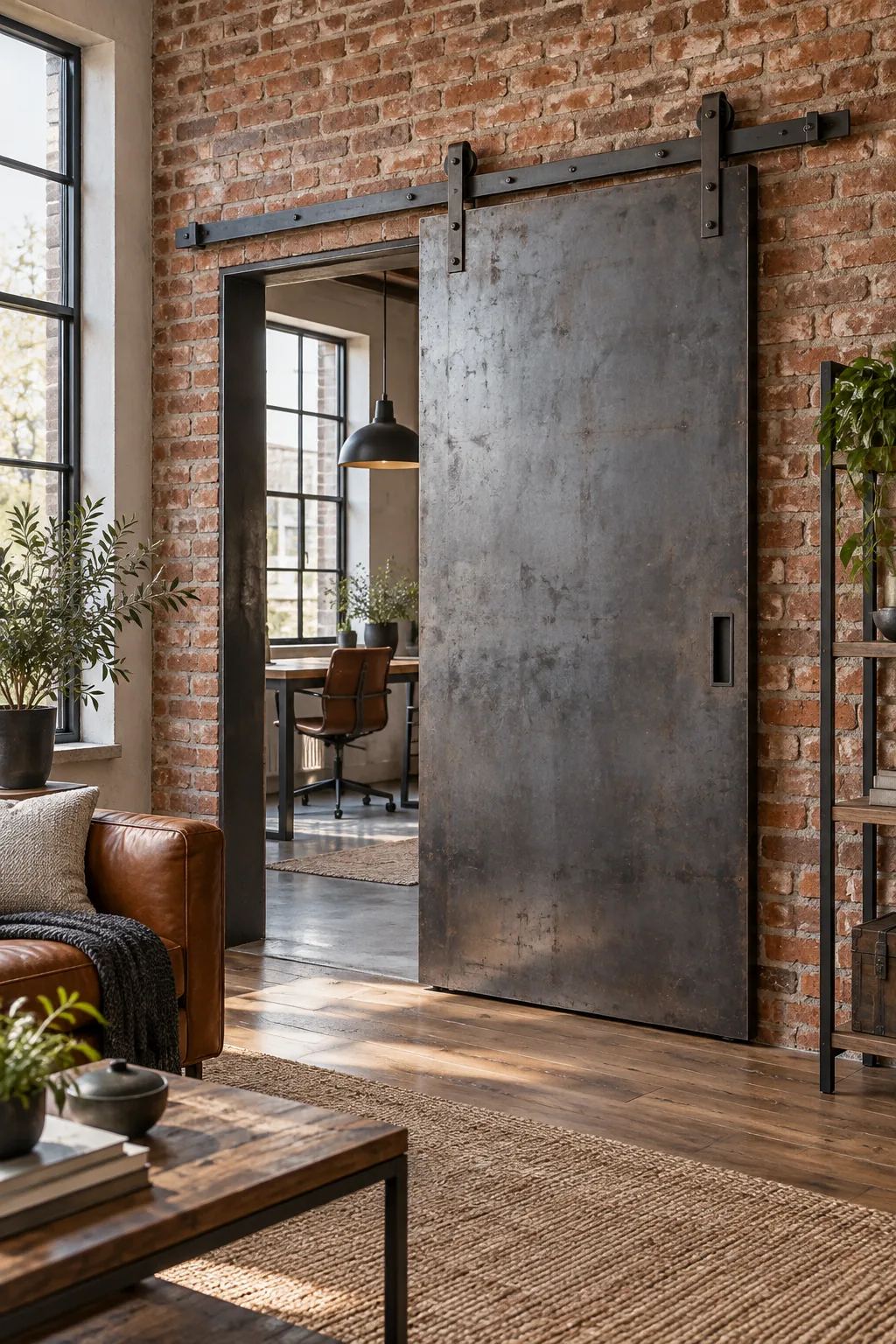 Raw steel barn door on a heavy-duty track against an exposed brick wall.