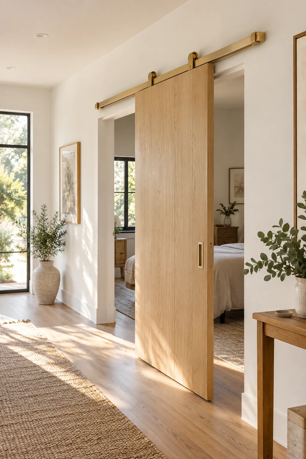 Matte brass barn door track mounted securely to a white wall above a white oak door.