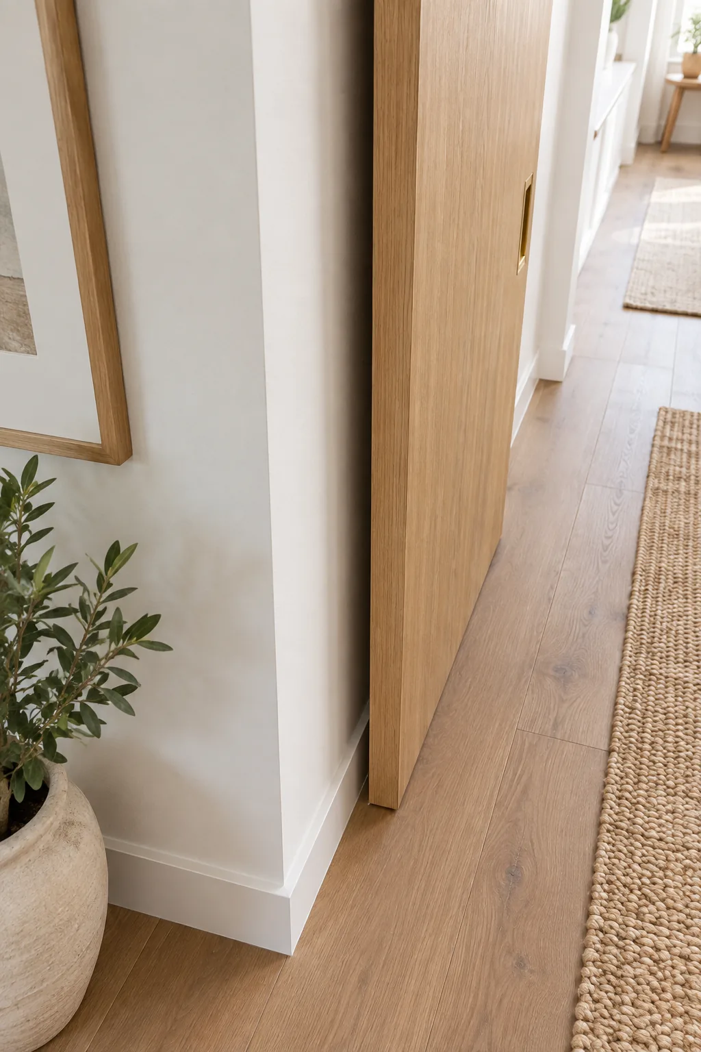 Side edge of a white oak barn door overlapping a white wall opening.