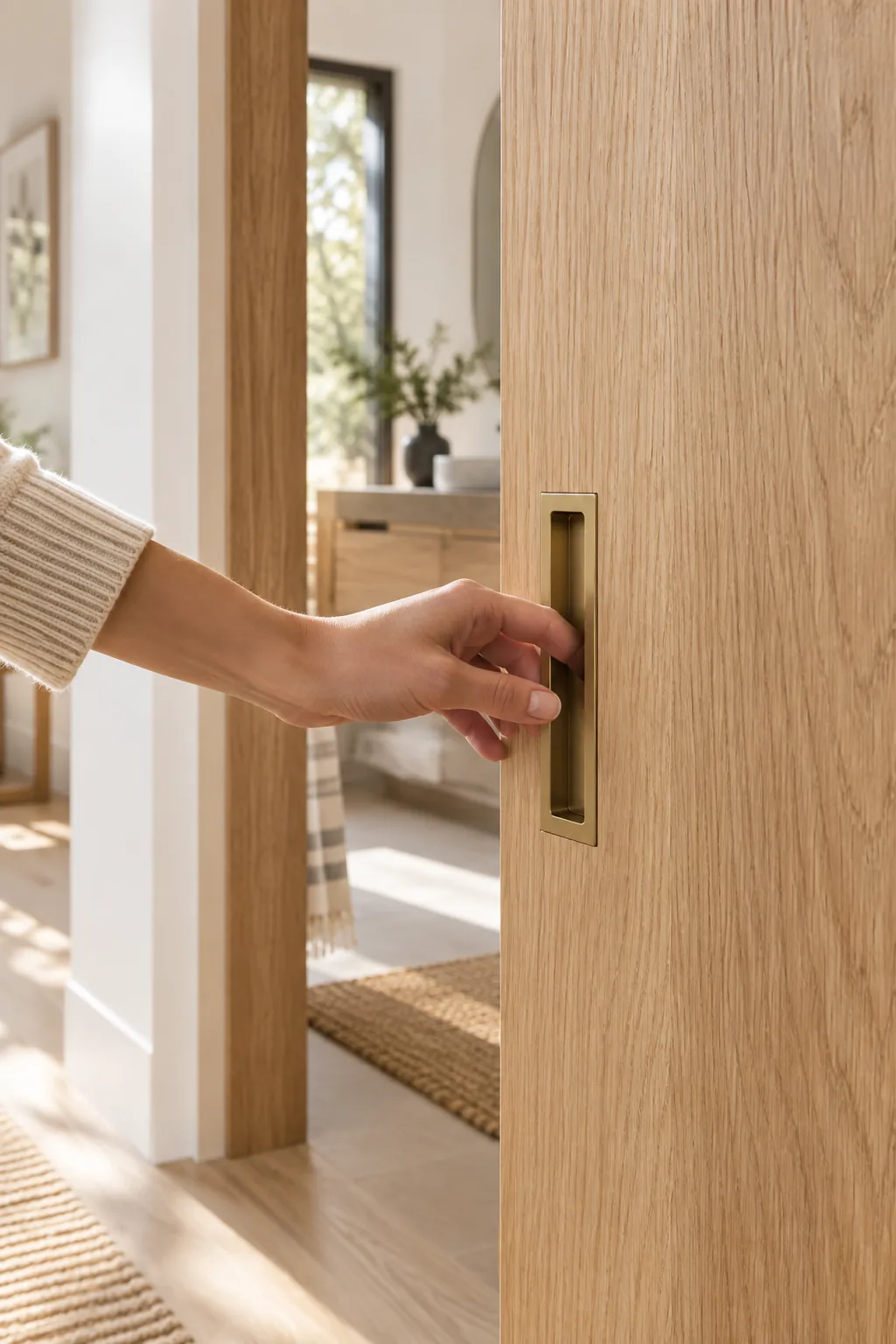 A hand reaching for a flush brass finger pull recessed into a white oak door.