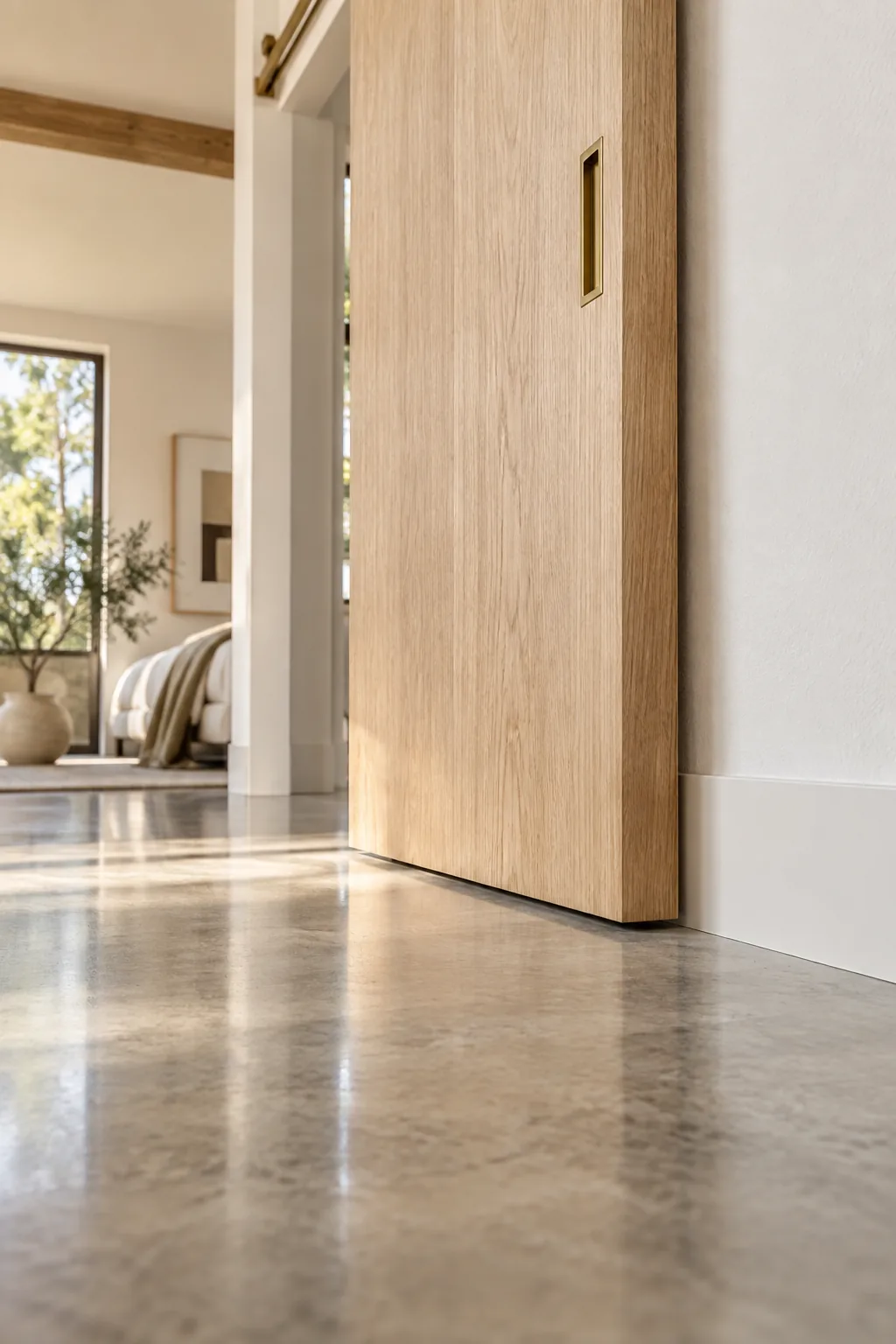 Bottom edge of a white oak barn door hovering over a polished concrete floor.