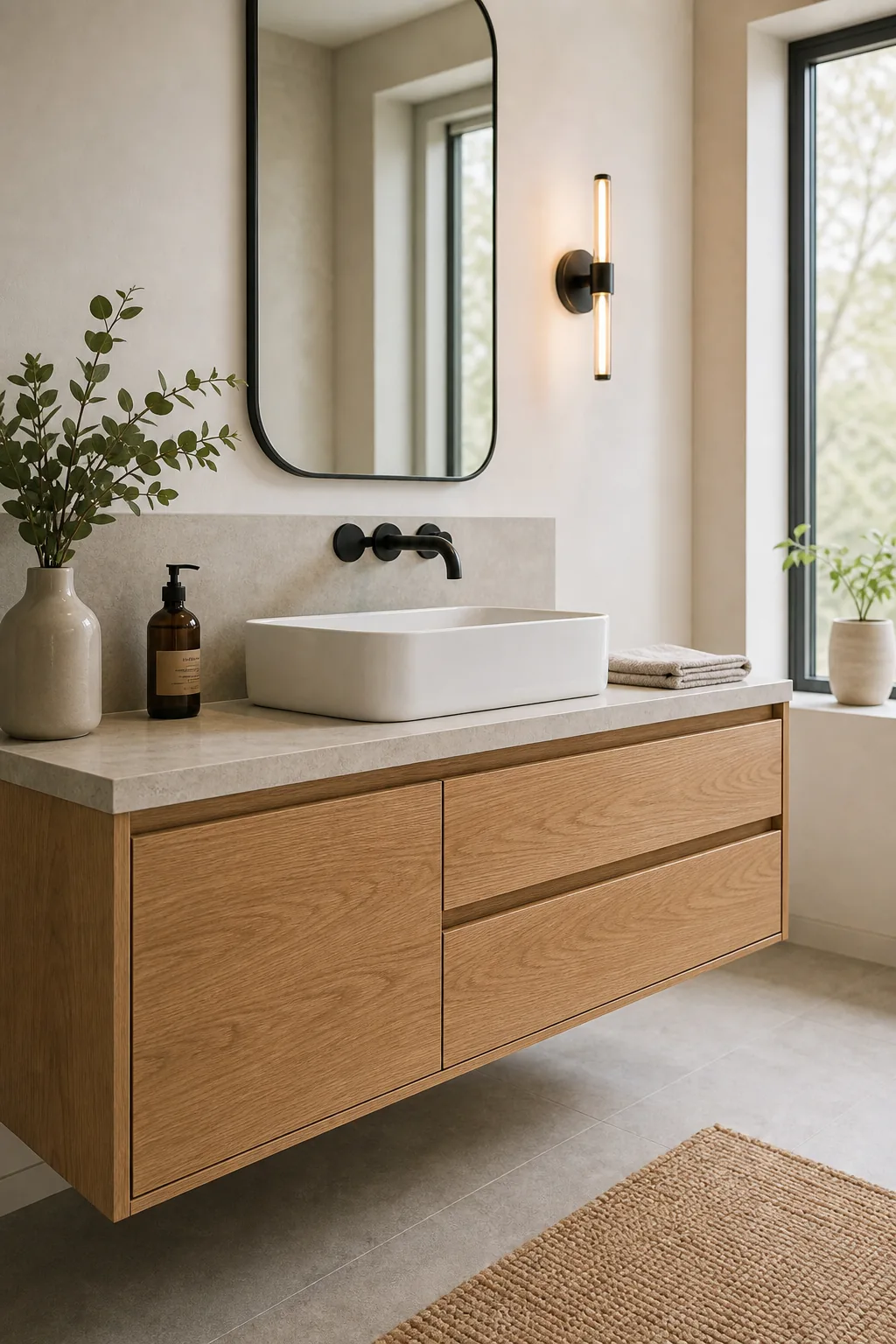 An elevated view of a warm oak floating vanity with a white vessel sink in a modern bathroom.