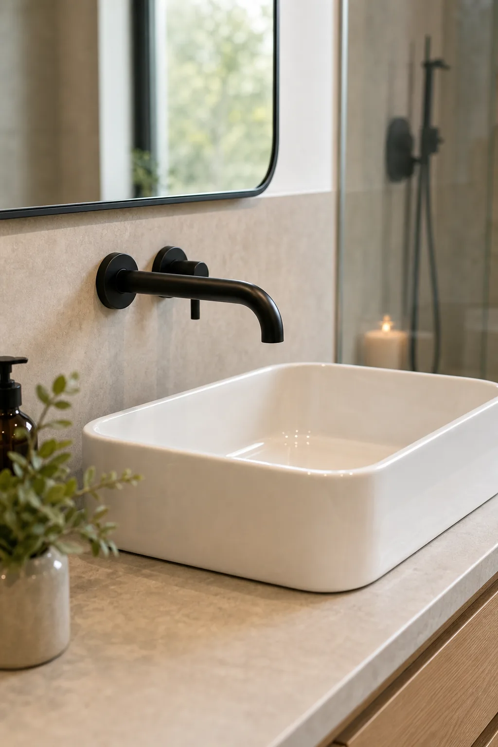 Close-up of a matte black wall-mounted faucet installed over a white rectangular vessel sink.