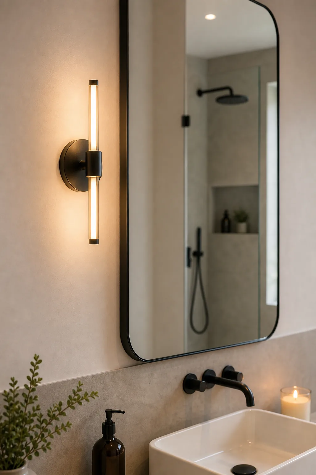 A minimalist cylindrical wall sconce illuminated next to a black-framed bathroom mirror.