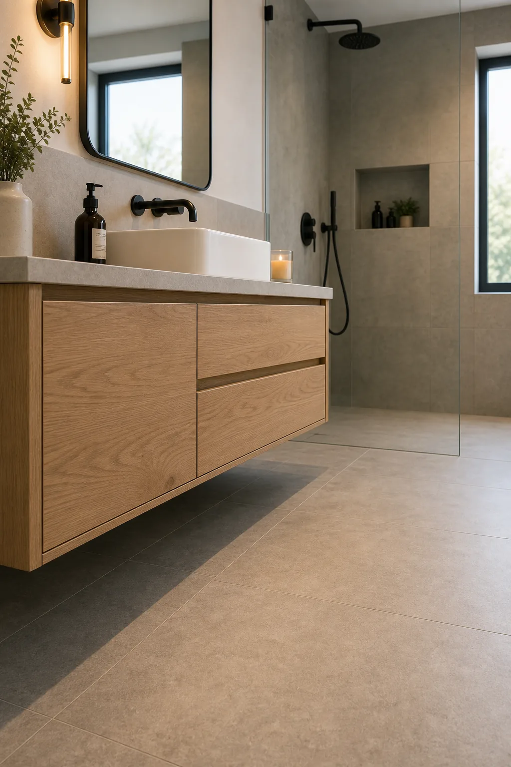 Low angle view showing the open floor space and shadow line beneath a wall-mounted floating vanity.