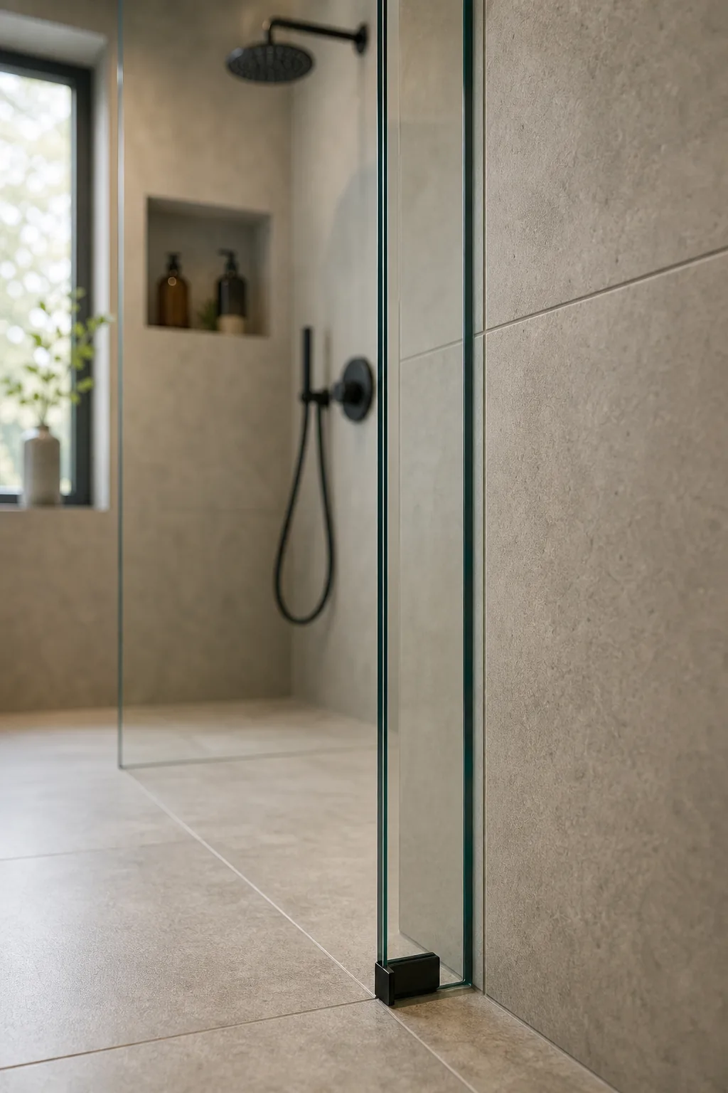 The edge of a thick, frameless glass shower partition meeting a tiled bathroom wall.
