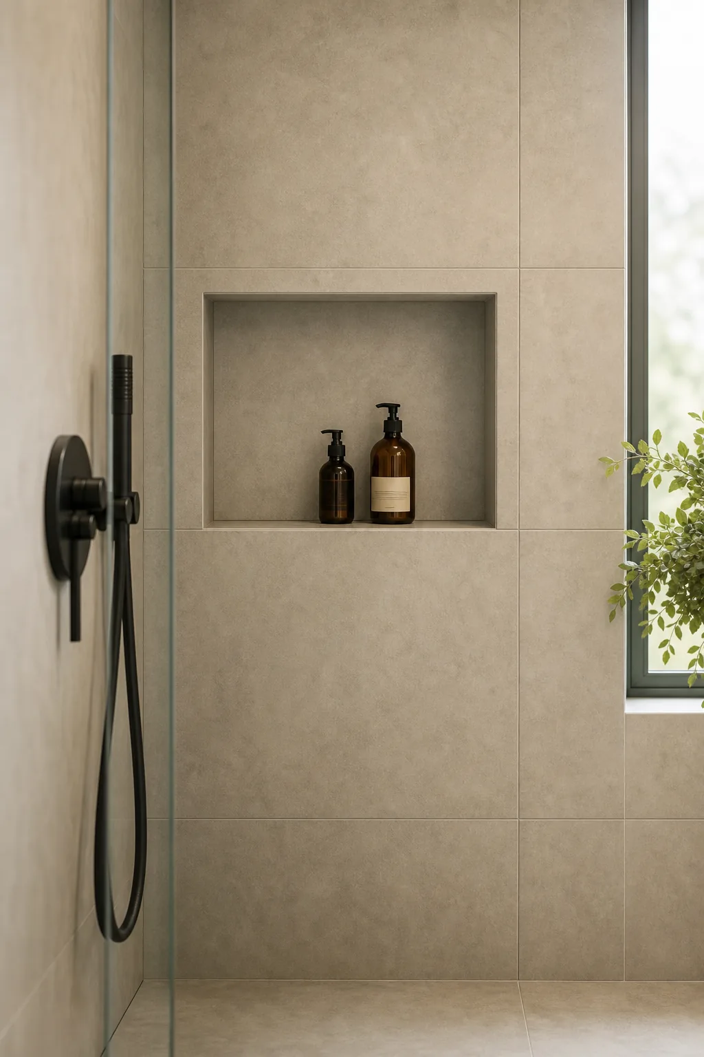 A recessed shower niche seamlessly integrated into large-format grey wall tiles, holding two pump bottles.