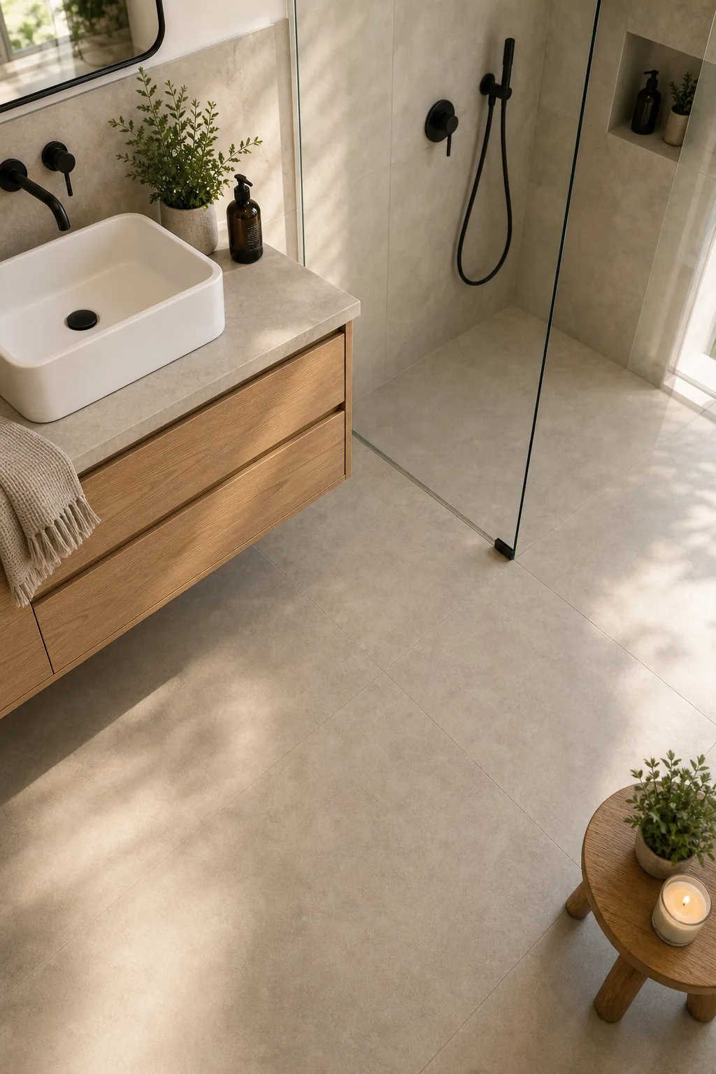 Downward view of large-format grey floor tiles with barely visible grout lines extending into a shower.