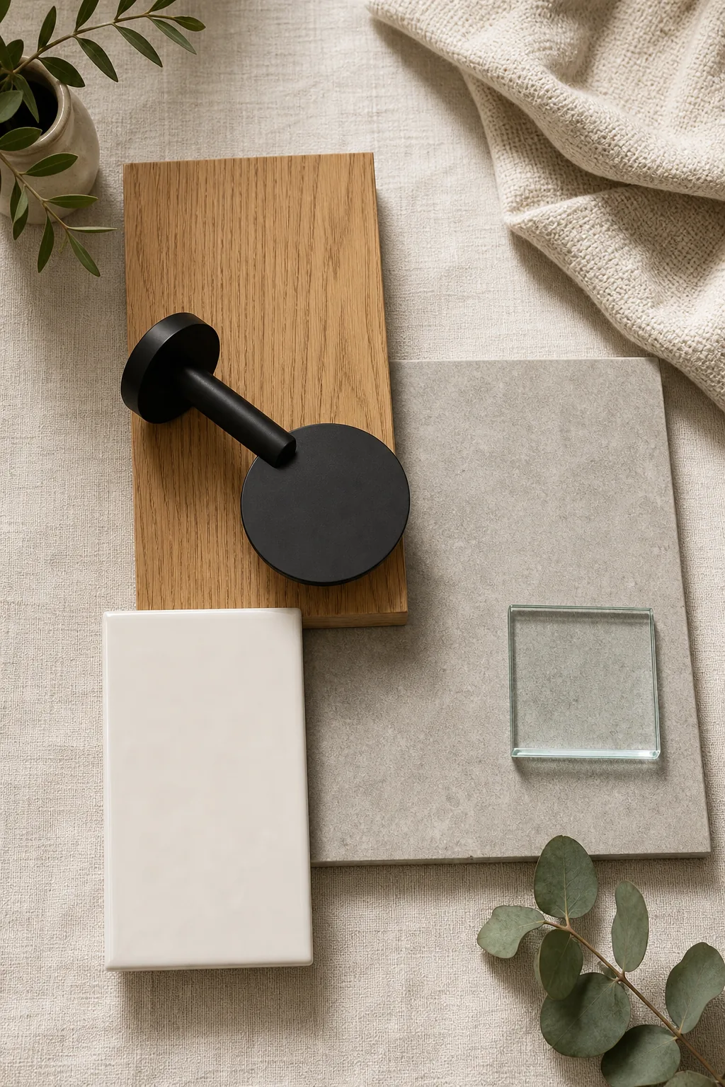 An overhead flat-lay of bathroom materials including warm oak, matte black metal, grey tile, white ceramic, and glass.