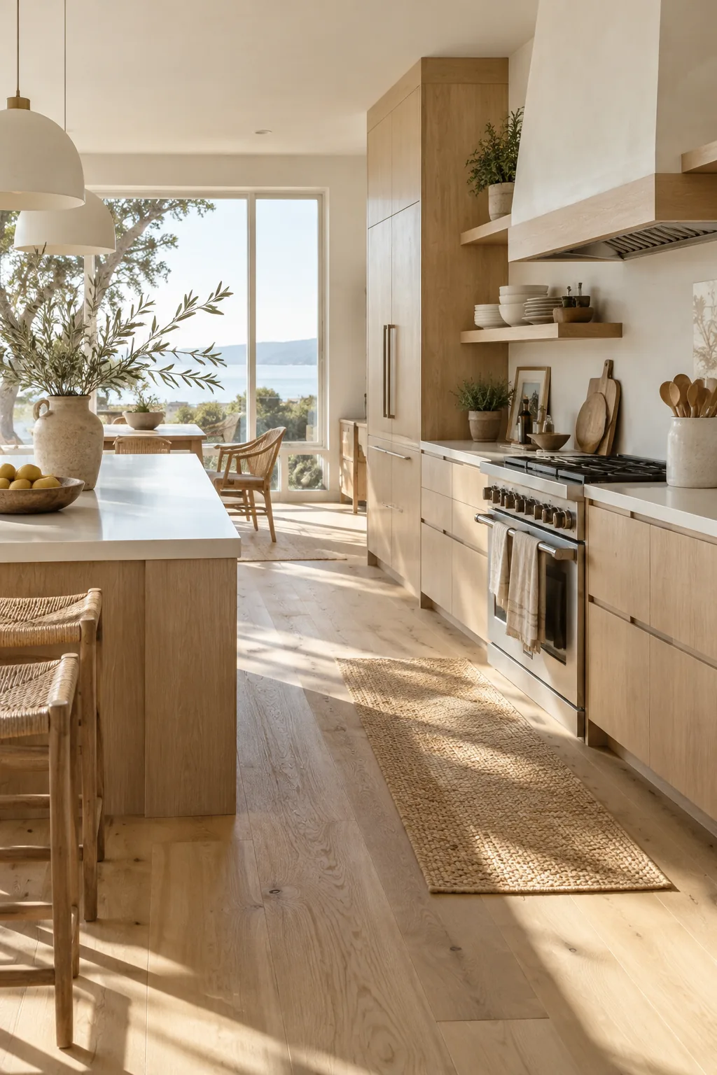 Light white oak kitchen cabinets with matte white countertops