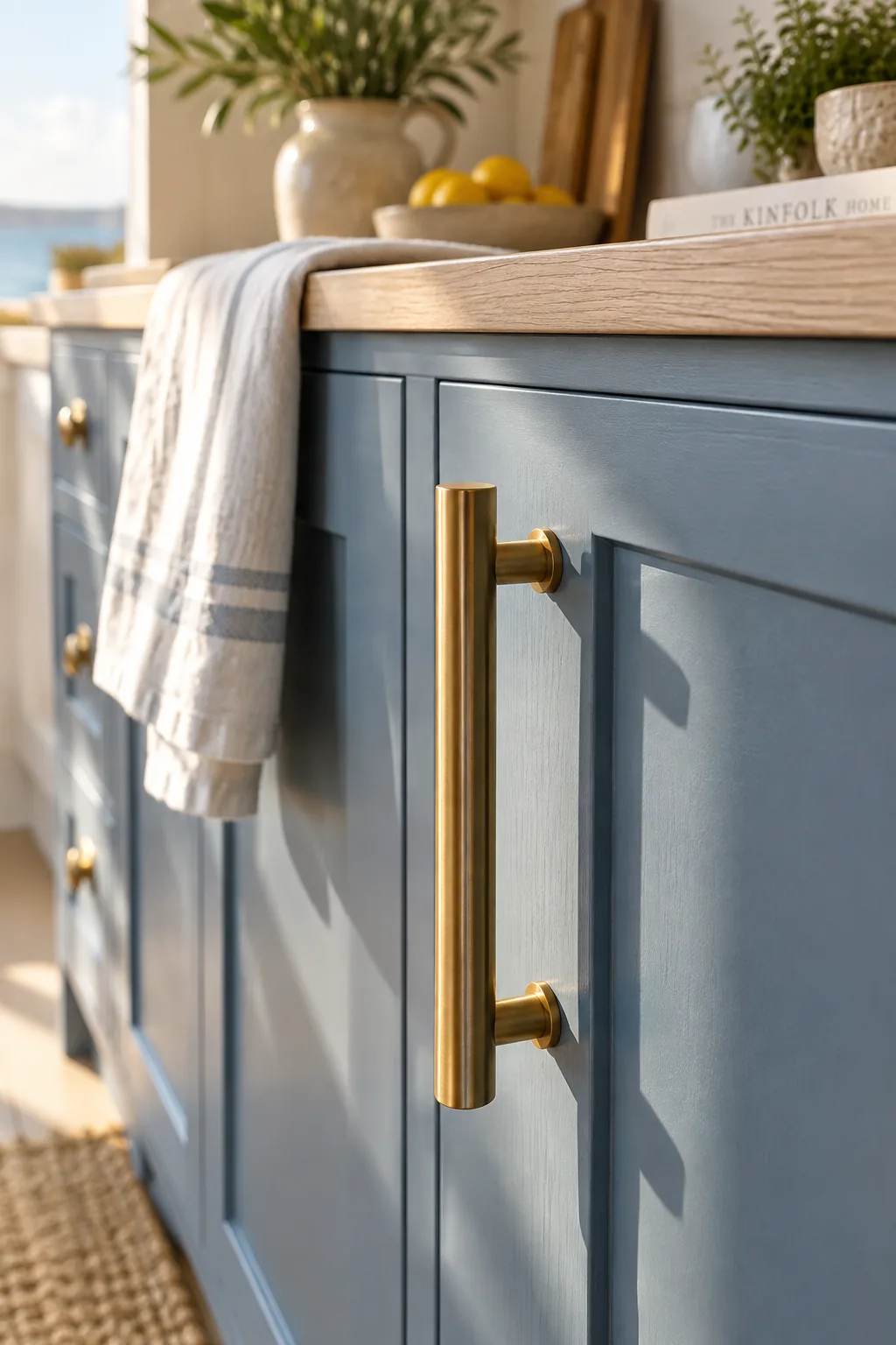 Brushed brass cabinet hardware on white kitchen drawers