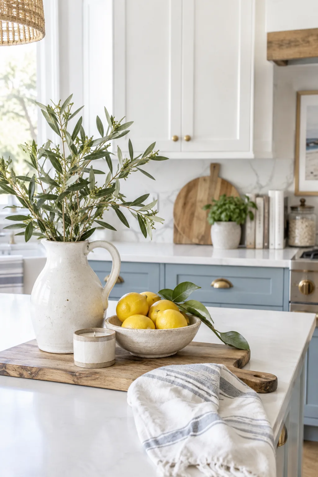 Two-tone kitchen with light blue lower cabinets and white uppers