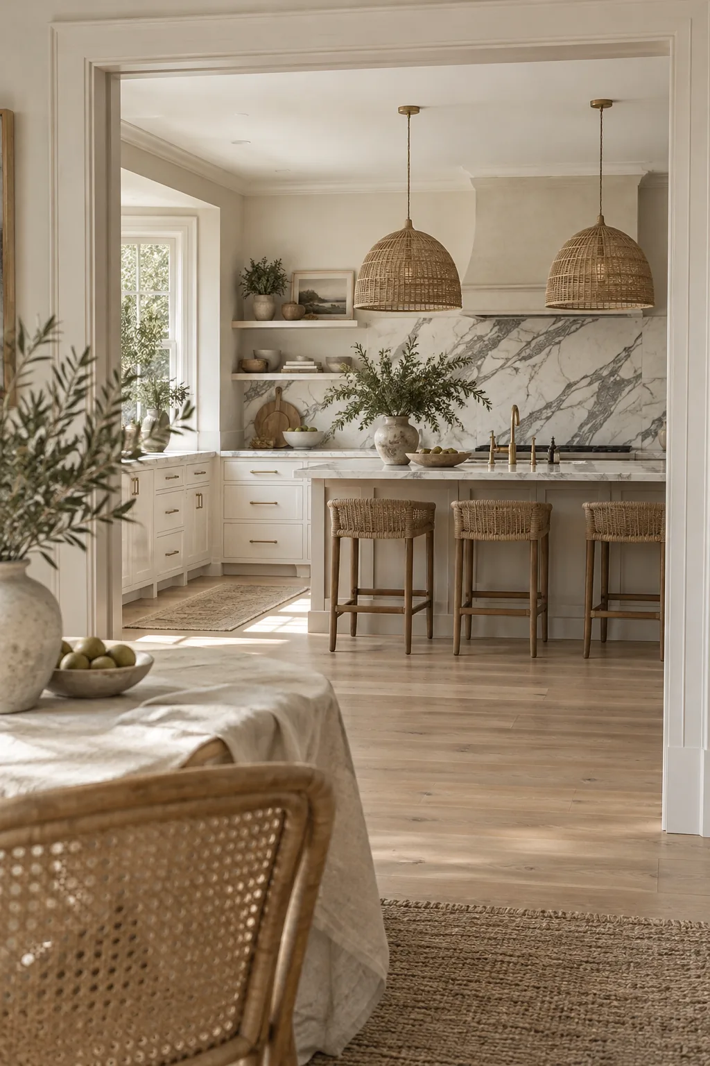 Woven rattan pendant lights hanging over a polished marble backsplash