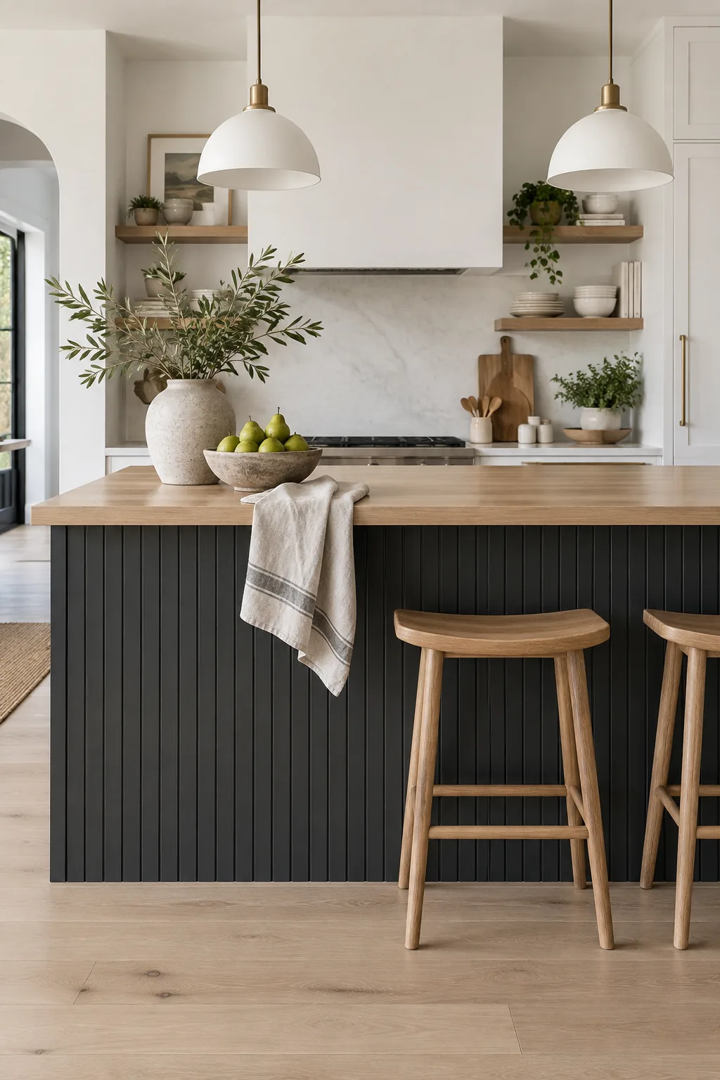 Kitchen island wrapped in charcoal vertical shiplap