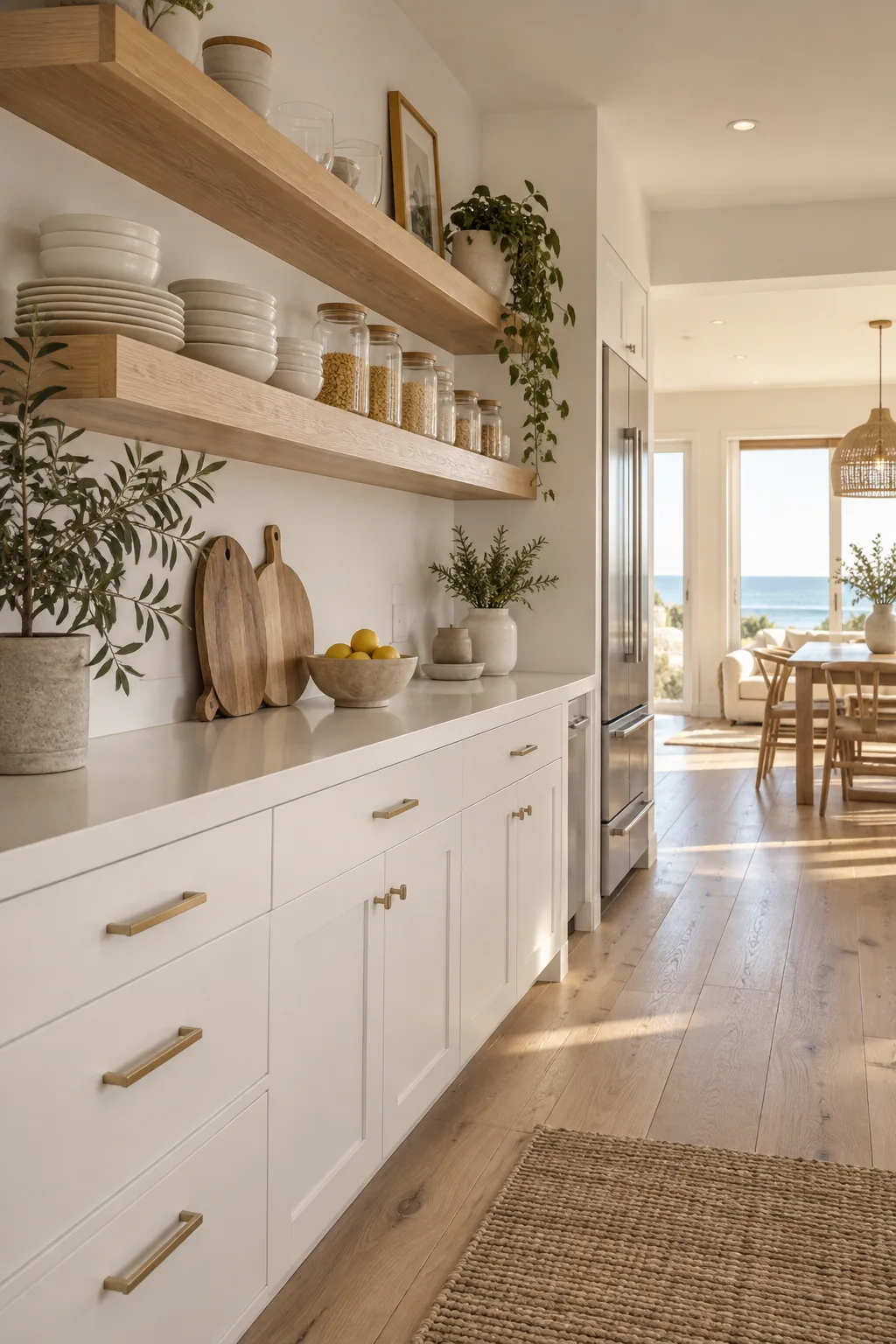 Floating wood shelves displaying white dishes in a kitchen