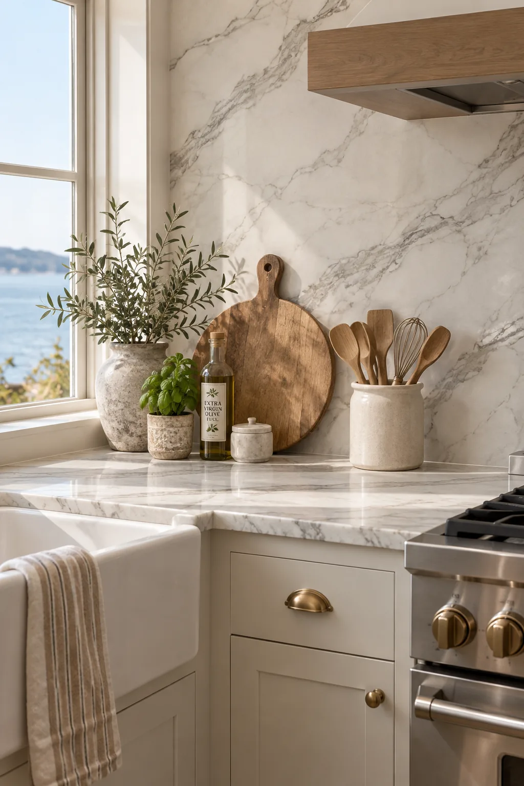 Solid stone backsplash matching the kitchen counter with simple decor
