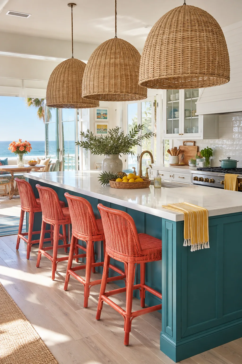 Oversized woven dome pendant lights above a white kitchen island