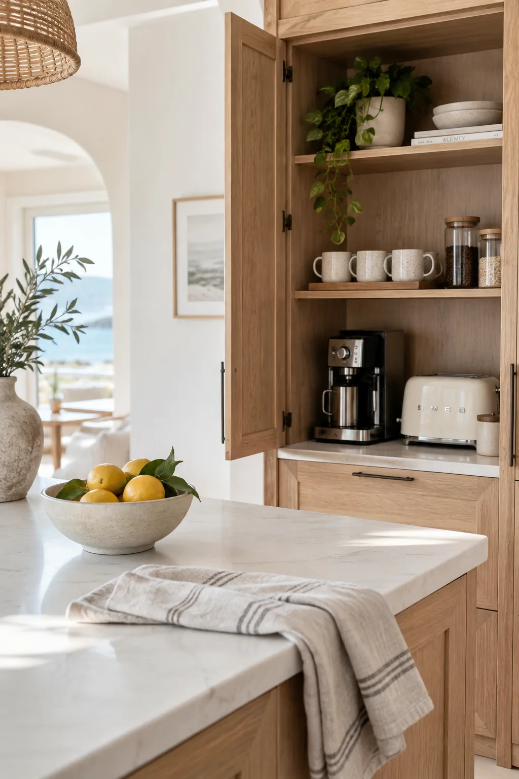 Hidden pantry cabinet with pocket doors and small appliances inside