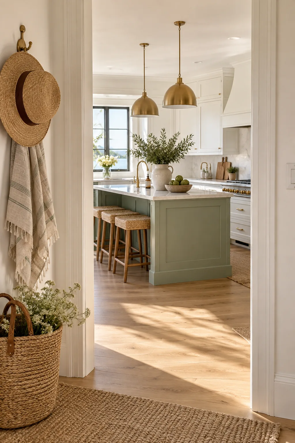 Soft sage green kitchen island paired with white perimeter cabinets