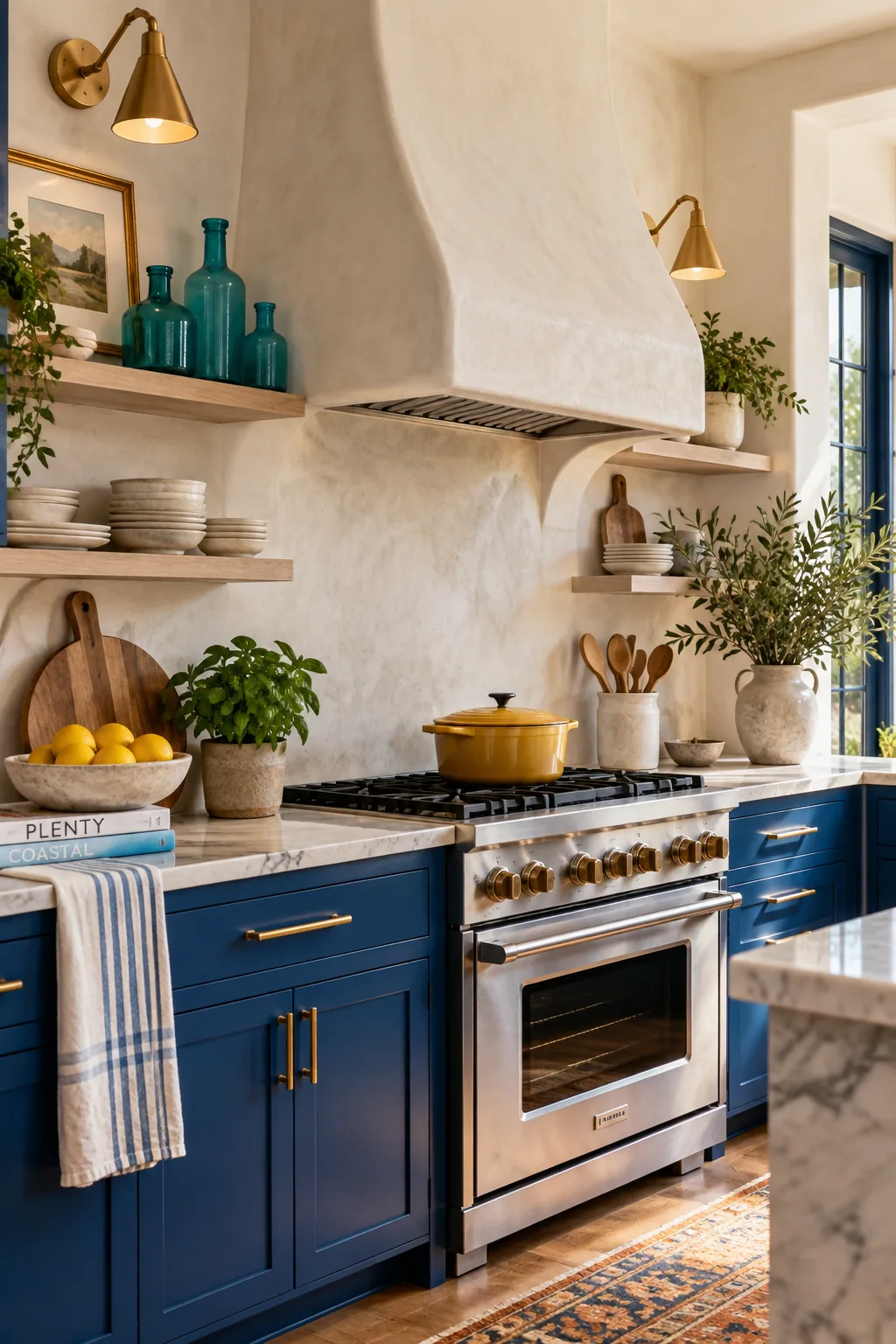 Custom white plaster range hood blending into the kitchen wall