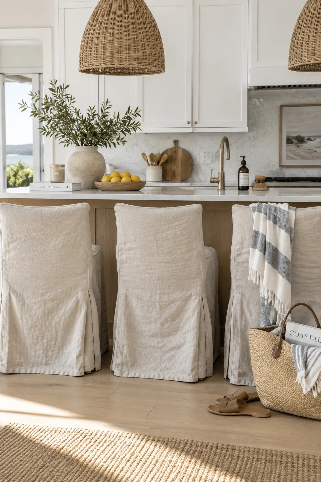 Slipcovered linen bar stools pulled up to a kitchen island