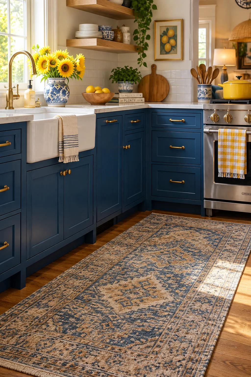 Faded blue and tan vintage Turkish rug used as a kitchen runner