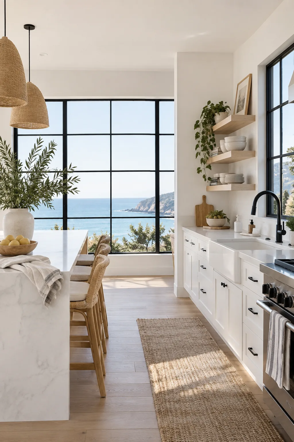Matte black kitchen faucet and window mullions in a white kitchen