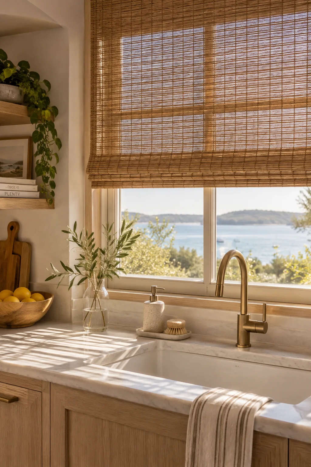 Woven bamboo shades pulled halfway down a kitchen window