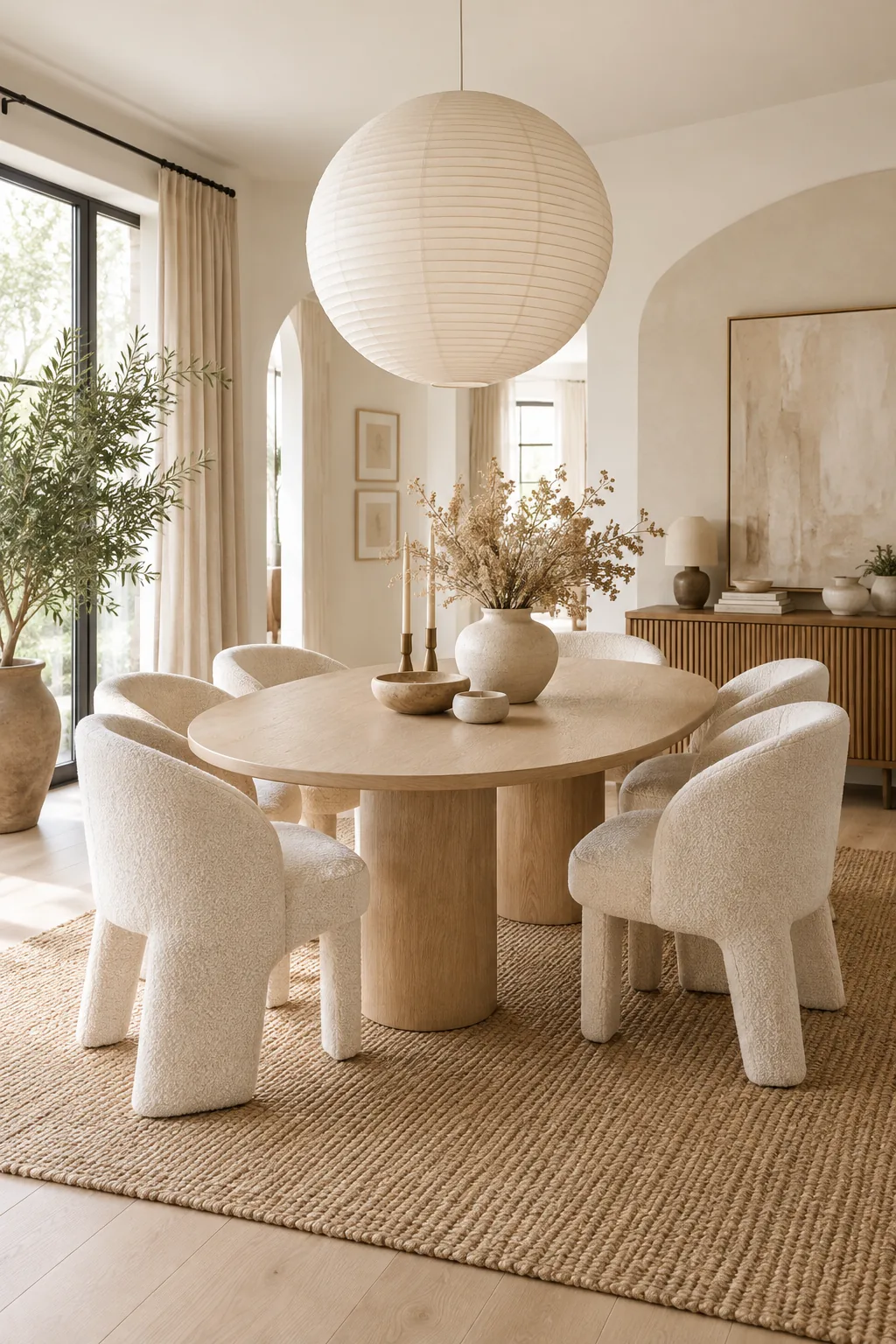 Organic modern dining room with a light oak oval table and curved boucl&eacute; chairs.