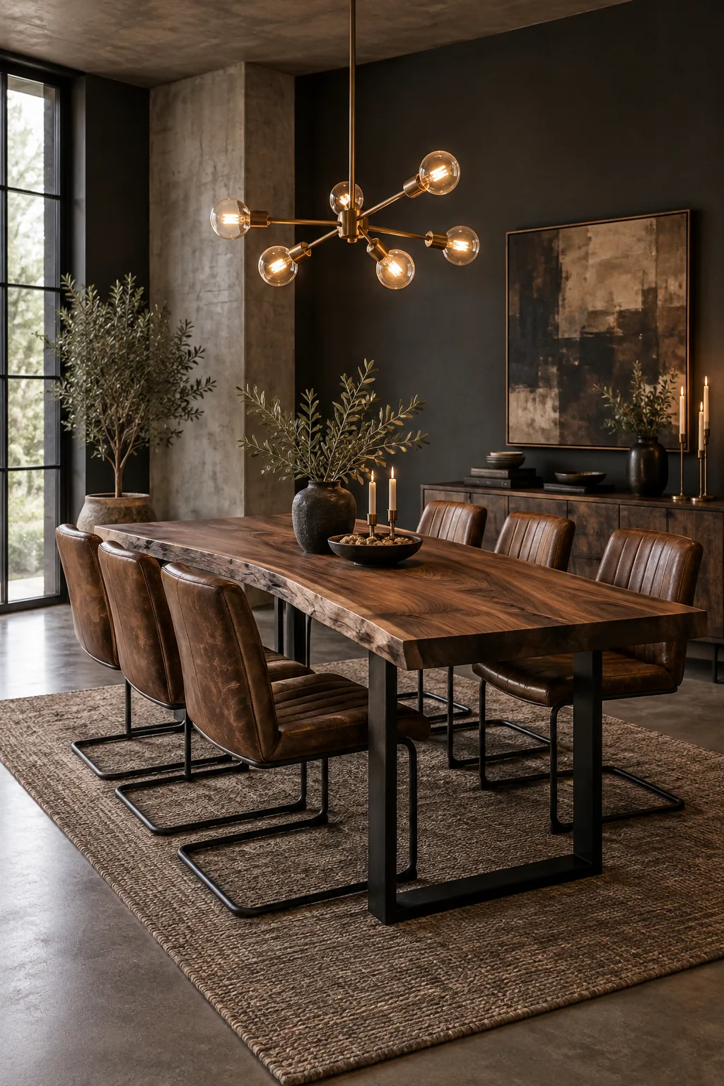 Soft industrial dining room with a live-edge walnut table and leather chairs.