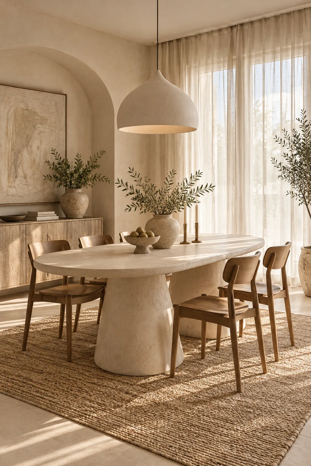 Warm minimalist dining room with a sculptural plaster table and minimal ceramic pendant.