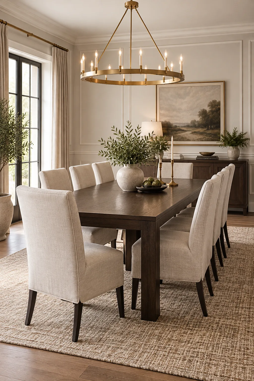 Transitional dining room with a dark wood table, upholstered chairs, and brass chandelier.