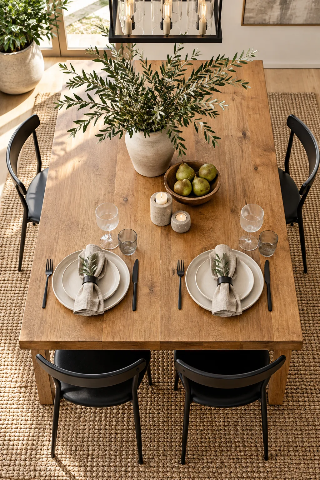 Close-up of a matte black metal chair frame pushed under a thick oak dining table.