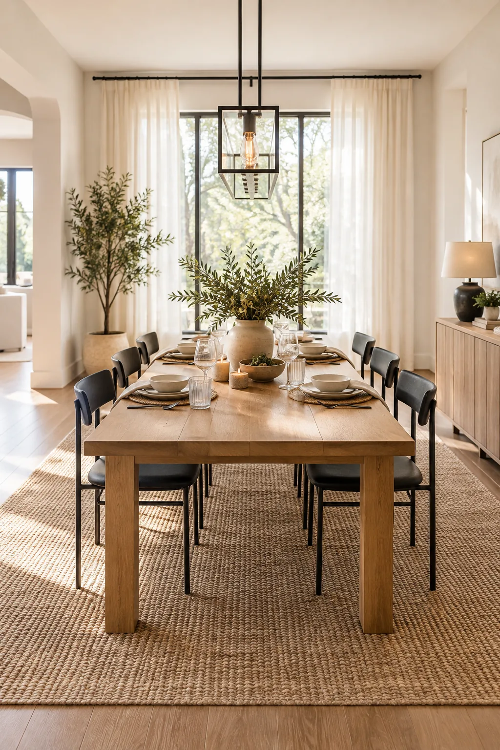 Top-down view of two modern ceramic place settings spaced evenly on a wood table.